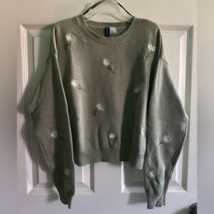 Daisy Embroidery Knit Green Sweater